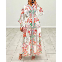 Paisley Print Buttoned Lantern Sleeve Maxi Shirt Dress - white