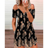 Paisley Print Chain Decor Cold Shoulder Swing Dress - black