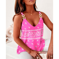 Paisley Print Chain Strap V-Neck Cami Top - hot pink