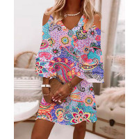 Paisley Print Cold Shoulder Ruffles Causal Dress - Multicolor