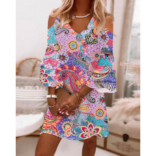 Paisley Print Cold Shoulder Ruffles Causal Dress - Multicolor