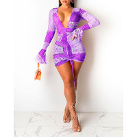 Paisley Print Colorblock Bell Sleeve Bodycon Dress - purple