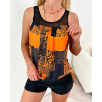 Paisley Print Contrast Mesh Tankini Set - orange