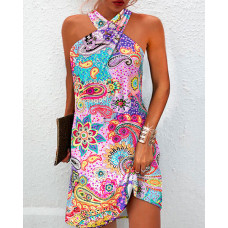 Paisley Print Cross Halter Casual Dress - Multicolor