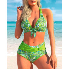 Paisley Print Halter Ruched Beach Bikini Set - green