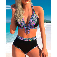 Paisley Print Halter Ruched Beach Bikini Set - purple