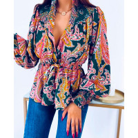 Paisley Print Lantern Sleeve Tied Detail Shirred Top - Multicolor