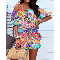 Paisley Print Off Shoulder Top & Shorts Set - Multicolor