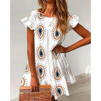 Paisley Print Ruffles Casual Dress - white