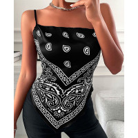 Paisley Print Tied Detail Backless Hanky Hem Cami Top - black