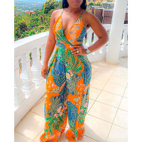 Paisley Tropical Print Backless Wide Leg Jumpsuit - yellow