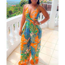 Paisley Tropical Print Backless Wide Leg Jumpsuit - yellow