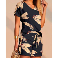 Palm Leaf Print Buttoned T-shirt & Drawstring Shorts Set - black