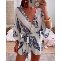 Palm Leaf Print Plunge Casual Romper - blue