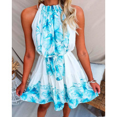 Palm Leaf Print Sleeveless Drawstring Swing Dress - Lighted Blue