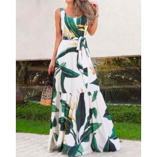 Palm Leaf Print Sleeveless Maxi Dress - white