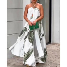 Palm Leaf Print Slit Longline Halter Top & Wide Leg Pants Set - green