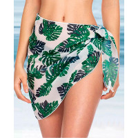 Palm Leaf Print Tied Detail Chiffon Cover Up Wrap Skirt - green