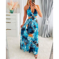 Palm Leaf Print Tied Detail Halter Maxi Dress - blue