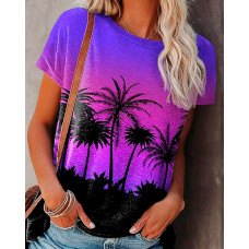 Palm Tree Print O-Neck Casual T-shirt - purple