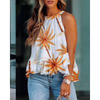 Palm Tree Print Ruffle Hem Tank Top - white