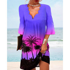 Palm Tree Print Scallop Trim Casual Dress - purple