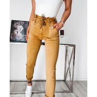 Paper Bag Waist Pocket Detail Self Tie Skinny Pants - khaki