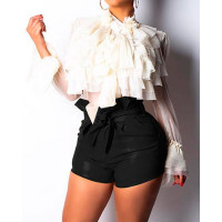 Paperbag Waist Belted PU Shorts - black