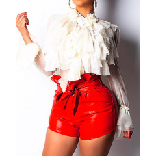 Paperbag Waist Belted PU Shorts - red