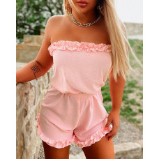 Pastel Frill Hem Backless Bandeau Romper - pink