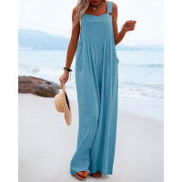 Pastel Pocket Design Wide Leg Suspender Jumpsuit - Lighted Blue