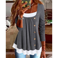 Patchwork Button Decor Long Sleeve Top - gray