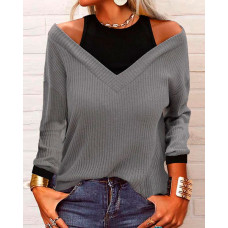 Patchwork Fake Two-Piece Cold Shoulder Top - gray