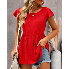 Patchwork Hollow Out Open Back Peplum Top - red