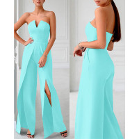 Patchwork Notch Neck Bandeau Slit Jumpsuit - blue