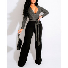 Patchwork Wrap Tied Detail Long Sleeve Jumpsuit - black