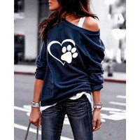 Paw Heart Print Long Sleeve Casual Sweatshirt - dark blue