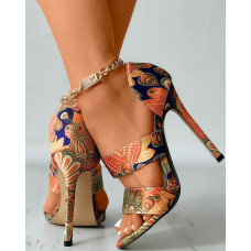 Peacock Feather Print Double Band Stiletto Heels - Multicolor