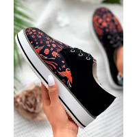 Peacock Floral Print Eyelet Lace-up Muffin Shoes - black