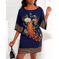 Peacock Floral Print Round Neck Casual Dress - dark blue