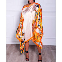 Peacock Print Batwing Sleeveless Asymmetrical Dress - orange