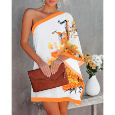 Peacock Print One Shoulder Casual Dress - orange