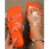 Pearl Studded Clear Strap Square Toe Slippers - orange