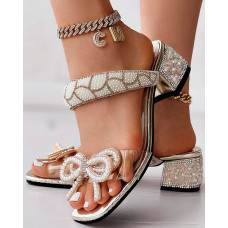 Pearls Beaded Rhinestone Bowknot Design Chunky Heel Sandals - gold