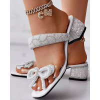 Pearls Beaded Rhinestone Bowknot Design Chunky Heel Sandals - white