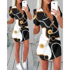 Pearls Chain Print Colorblock Zipper Design Dress - black