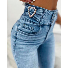 Pearls Decor Buttoned High Waist Skinny Jeans - Lighted Blue