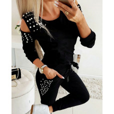 Pearls Decor Cold Shoulder Top & Pants Set - black