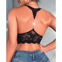 Pearls Decor Crochet Lace Bralette - black