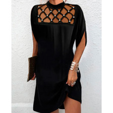 Pearls Decor Half Sleeve Mock Neck Casual Dress - black